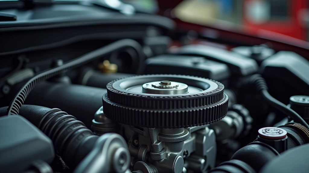 Engine timing belt pulley system with fresh replacement belt properly tensioned on crankshaft and camshaft