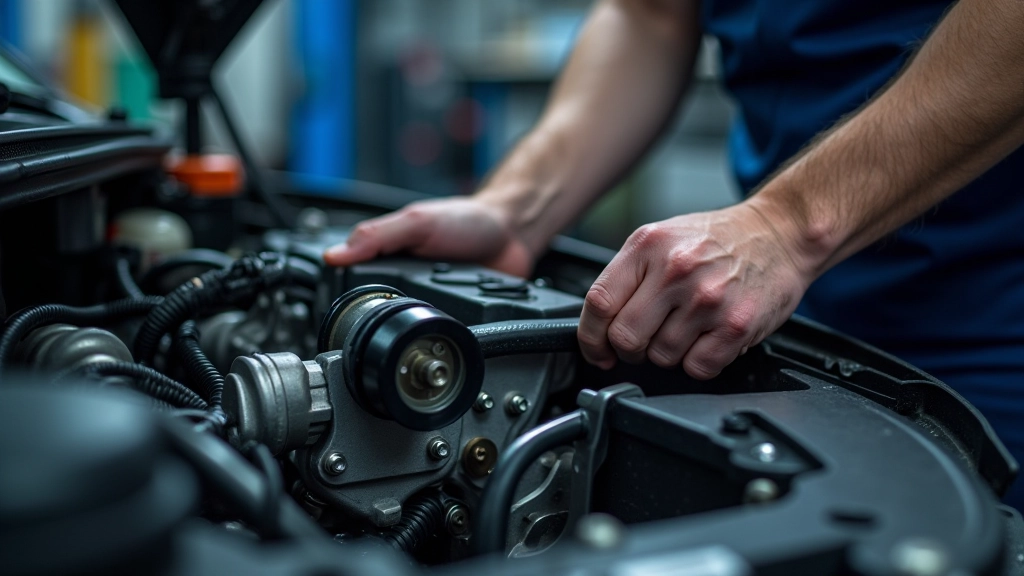 Close-up of timing belt installation showing precision alignment on engine pulleys