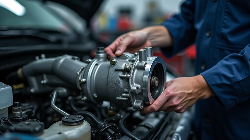 Water pump mounted on an engine block with coolant passages visible during installation