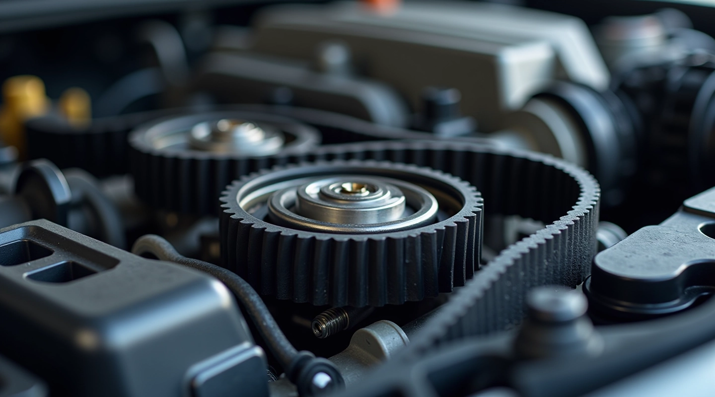 Close-up of timing belt teeth and pulleys on an automotive engine showing precision engineering