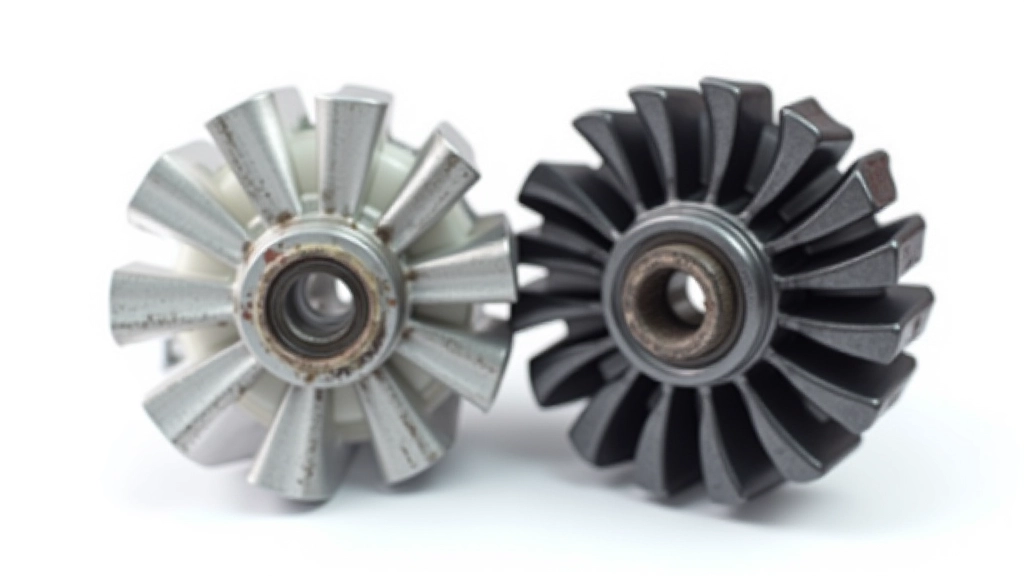 Cutaway diagram showing water pump interior with impeller blade wear patterns from age