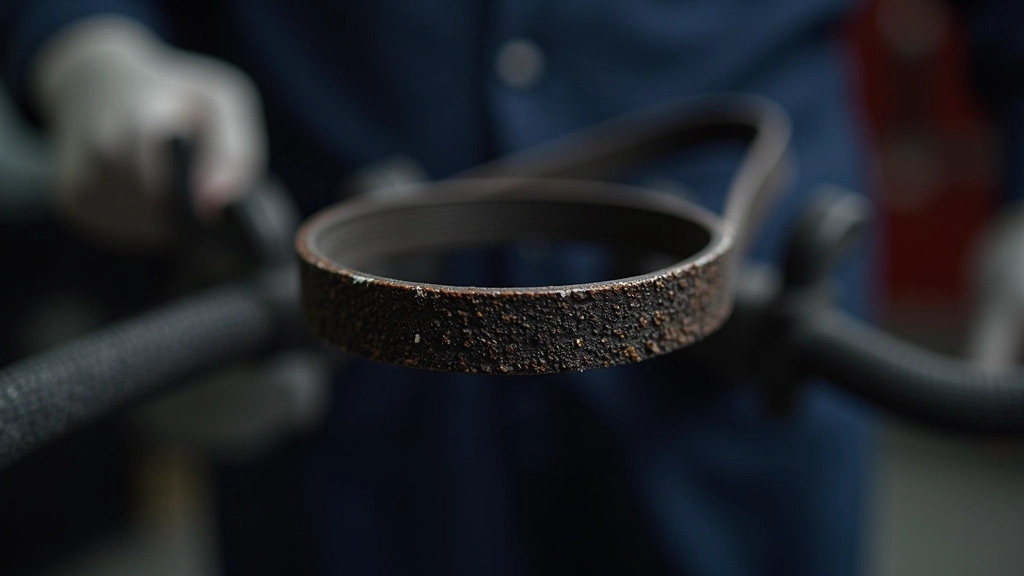 Close-up detail of timing belt teeth showing wear patterns and damage signs on rubber surface