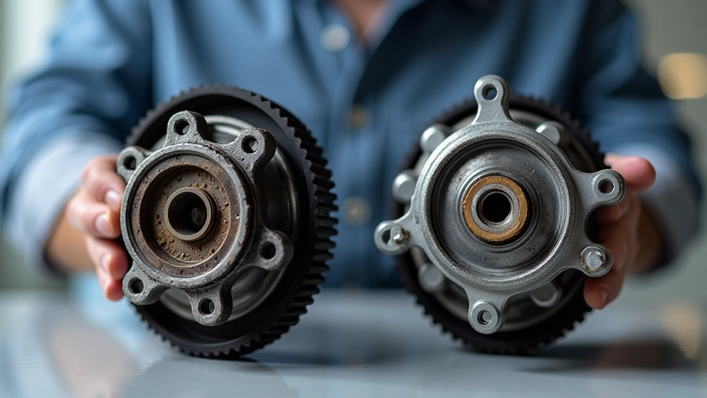 Comparison of old versus new water pump showing seal and bearing deterioration