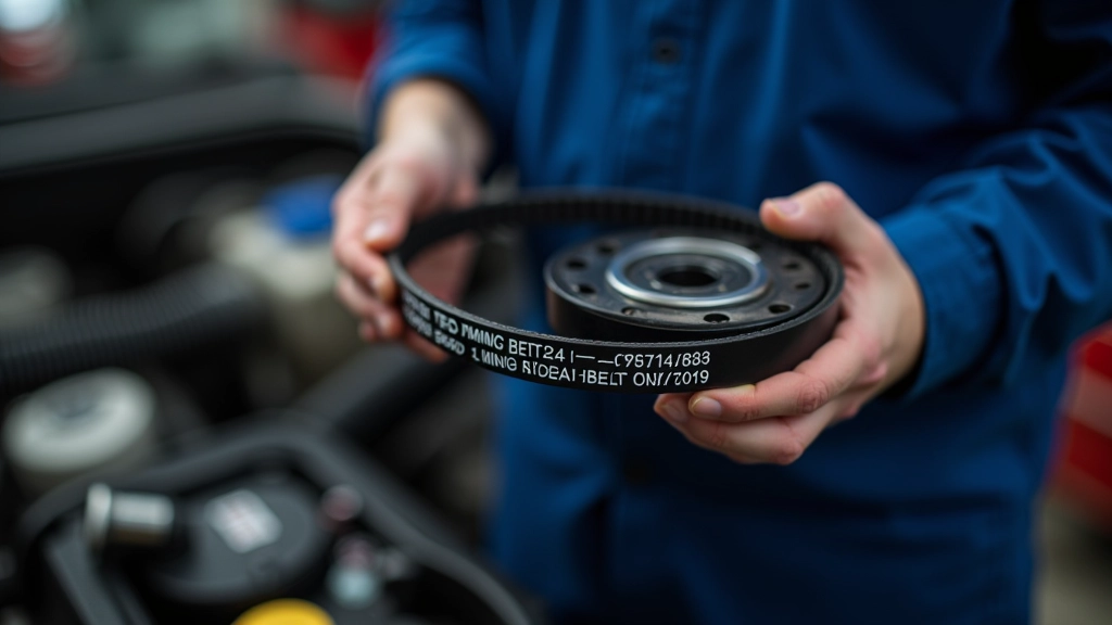 New OEM timing belt with precise teeth and professional packaging showing manufacturer specifications and part number