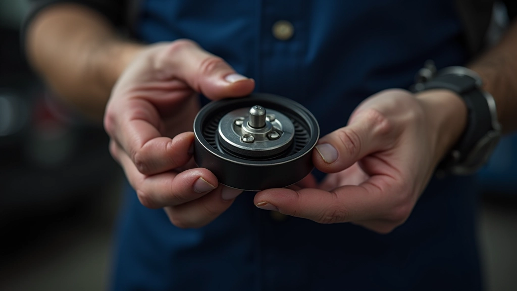 Mechanic's hands holding timing belt pulley and belt assembly during engine maintenance procedure