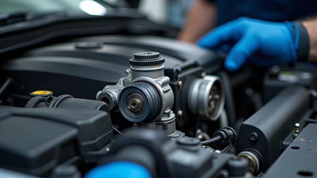 Automotive water pump mounted on engine showing cooling system components