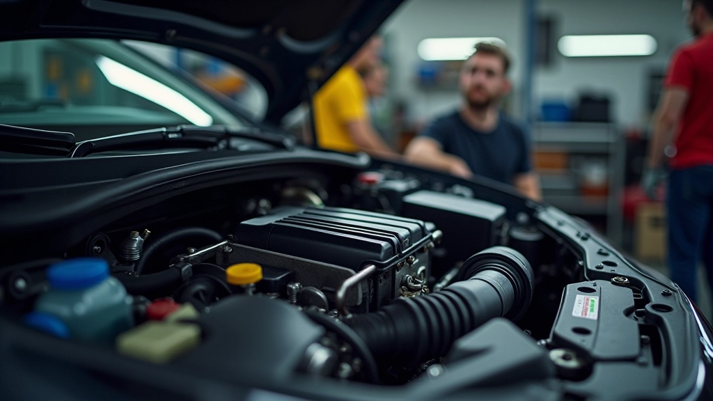 Engine bay during timing belt replacement showing water pump accessibility and surrounding components
